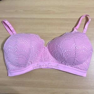 Victoria's Secret Pink Lace Lined No-Wire Bra 36DD Glitter Logo Band Wireless